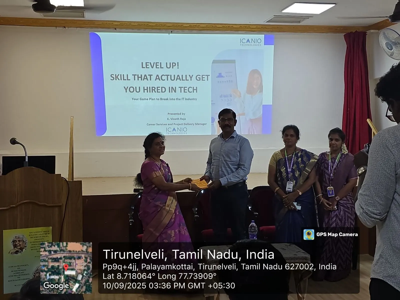 Icanio speaker with faculty members at a guest lecture at St. Xavier College of Arts and Science, Tirunelveli